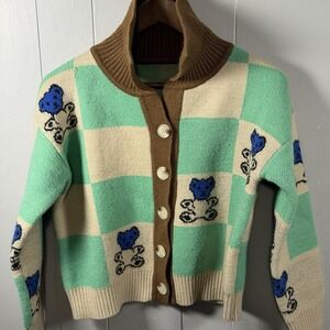 Vintage Style Teddy Bear Cardigan | Kawaii Y2K Sweater | Mint Green Brown M/L